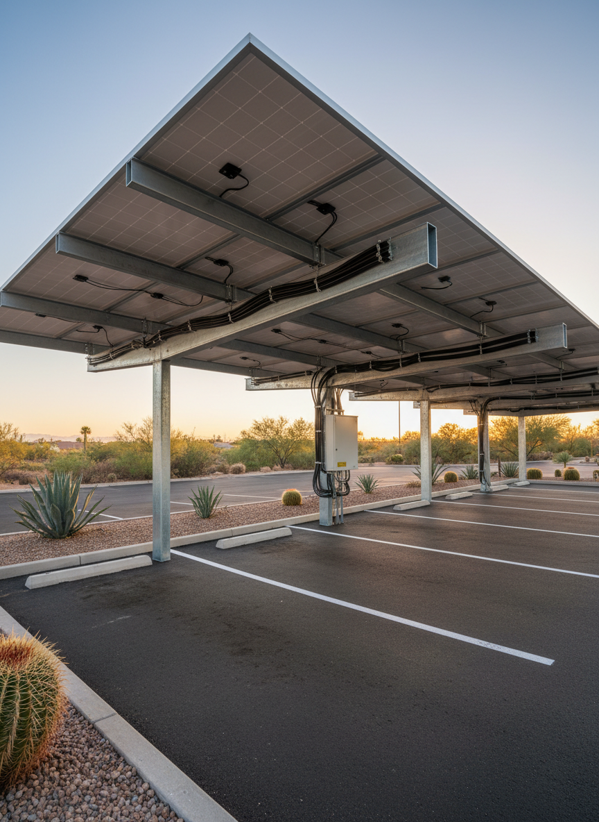 A cinematic, photographic panorama of a small Arizona solar carport installation in a commercial parking lot at sunrise. The main focus is the underside of the PV structure: steel beams, mounting rails, junction boxes, and neatly secured wiring, all revealed in crisp detail as soft golden light grazes across metal surfaces. A few empty parking spaces and painted lines stretch beneath the array, with desert landscaping—gravel, agave, and a single barrel cactus—visible at the edges. The sky gradates from soft pink to pale blue, creating a calm, professional mood. Captured from a low, wide-angle perspective, the composition emphasizes structural integrity and inspection points, illustrating thorough independent assessments for Arizona businesses.