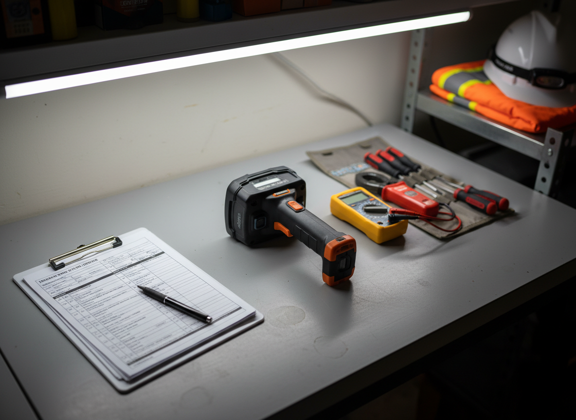 An overhead, photographic realism shot of a detailed solar inspection setup laid out on a smooth, light gray workbench inside a small Arizona workshop. The central subject is a rugged infrared camera beside a compact multimeter, clamp meter, insulated screwdriver set, and a neatly stacked clipboard of inspection checklists, all arranged with purposeful spacing. A folded high-visibility safety vest and hard hat sit in the background, slightly out of focus, hinting at field work without showing people. Cool, even LED workshop lighting creates minimal shadows and clear visibility of every instrument’s texture and color. The composition uses asymmetrical balance with a shallow depth of field, giving a focused, methodical, solo-operator feel, reinforcing the idea of careful, time-intensive inspections and realistic, limited scheduling availability.