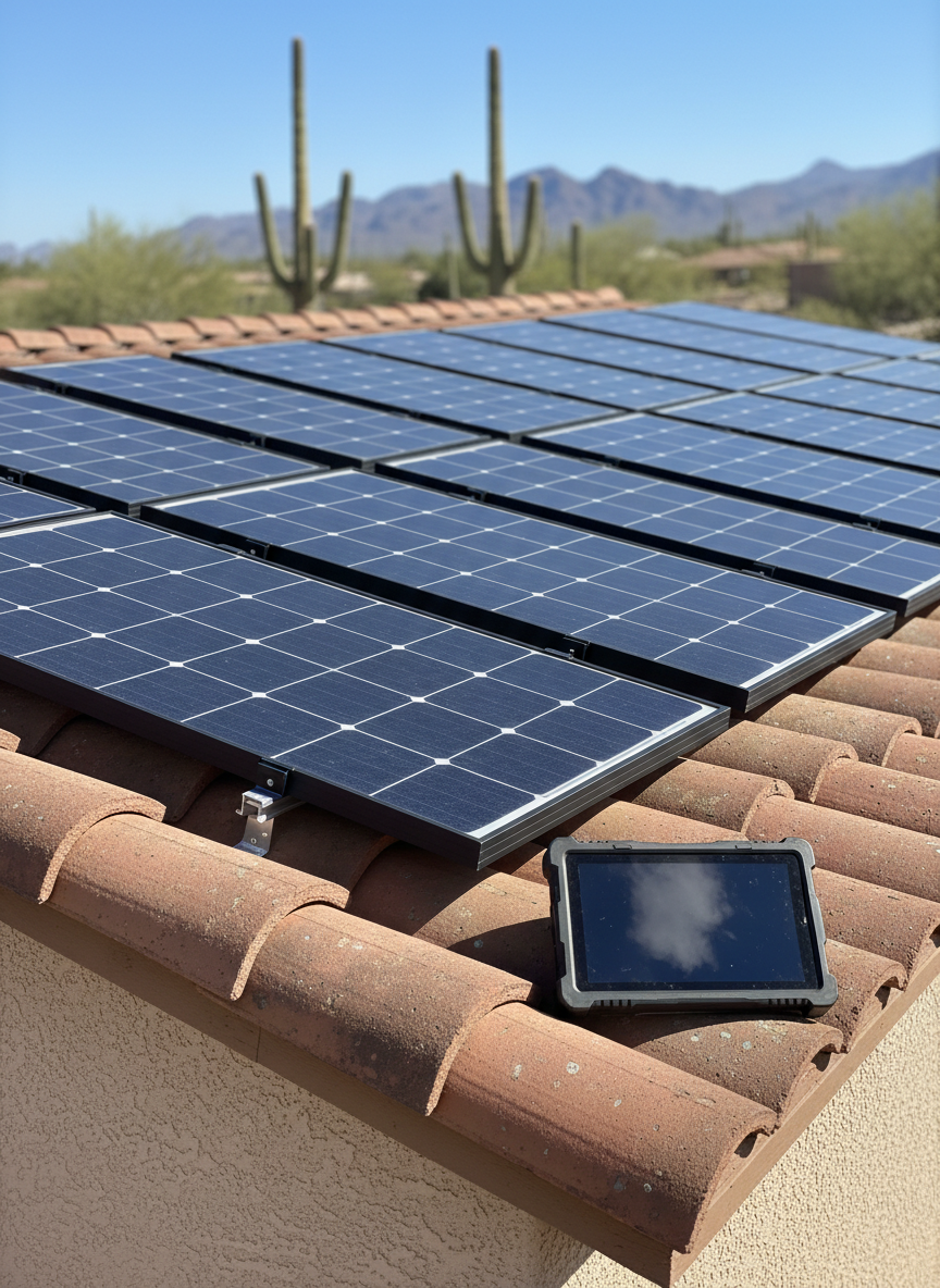 A close-up, photographic realism scene of a meticulously installed rooftop solar PV array on a stucco Arizona home, tan clay tiles peeking between sleek blue-black panels. The primary subject is a single row of modules, frames and glass surfaces crisp and dust-free, with a digital inspection tablet resting on the roof edge beside them, its dark screen reflecting the sky. Harsh yet clear midday desert sunlight creates sharp, defined shadows along the panel edges, emphasizing alignment and mounting hardware. In the distance, blurred saguaro cacti and low desert mountains hint at the Arizona setting. Shot from a slightly elevated, three-quarter angle with moderate depth of field, the composition feels professional and technical, conveying precision and trustworthy independent inspection services.