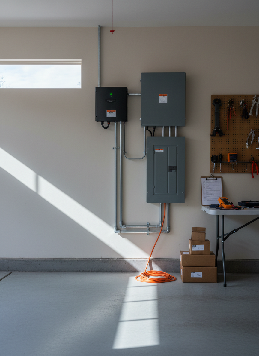 A tidy residential garage interior in Arizona converted into a small solar equipment hub, captured in photographic realism. The main subject is a wall-mounted solar inverter with a bright status indicator, adjacent AC disconnect, and carefully routed metal conduit descending into a labeled breaker panel. The concrete floor is spotless, with a single orange extension cord coiled neatly nearby. Soft, diffused daylight filters through a high side window, casting gentle, cool-toned shadows that highlight the clean installation and inspection-ready condition. Shot at eye level with sharp focus throughout, the composition is balanced and uncluttered, conveying an organized, methodical approach to independent solar PV inspections for homeowners, and subtly suggesting limited, hands-on service capacity by the singular, compact work area.