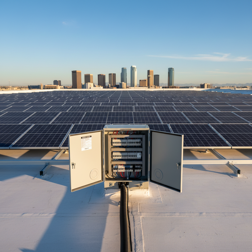 A wide, photographic view of a small commercial solar PV system atop a flat-roofed Arizona office building, white reflective membrane contrasting with deep blue panels arranged in orderly rows. At the center, a neatly labeled electrical combiner box and conduit run are the inspection focus, doors open to reveal cleanly organized breakers and wiring. Late afternoon golden light washes the roof, creating warm highlights on metal surfaces and long, directional shadows that emphasize geometry. The background shows a hazy Phoenix skyline under a clear desert sky. Framed using the rule of thirds from a low, roof-level angle, the image feels calm, efficient, and highly professional, highlighting detailed, independent inspection work for business clients.